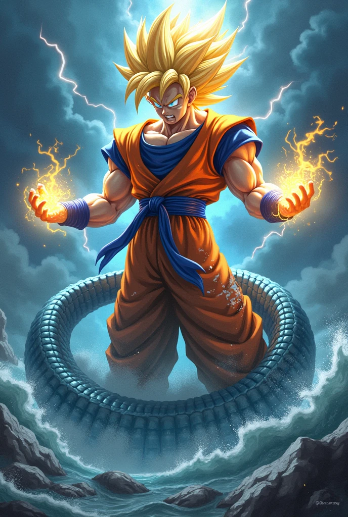 雄大なMountain々Goku is placed in the center against a background of, Goku is a muscular, golden figure., Wears vibrant, detailed battle armor, A sharp gaze symbolizing a challenge to the distant future, Thunderclouds cover the sky, signaling a powerful storm, Goku&#39;s staff glows with energy and emits light., Mountain々A mysterious dragon is wrapped around it., The universe senses the power of the raging waves that shake the heavens and the earth., A fusion of classic Chinese mythology and futuristic design, A pale full moon floats in the background, illuminating the night sky., The autumn leaves dancing around Goku represent freedom and nobility., Firm and firm as a stone statue, Emphasizing the contrast between fantasy and epic throughout