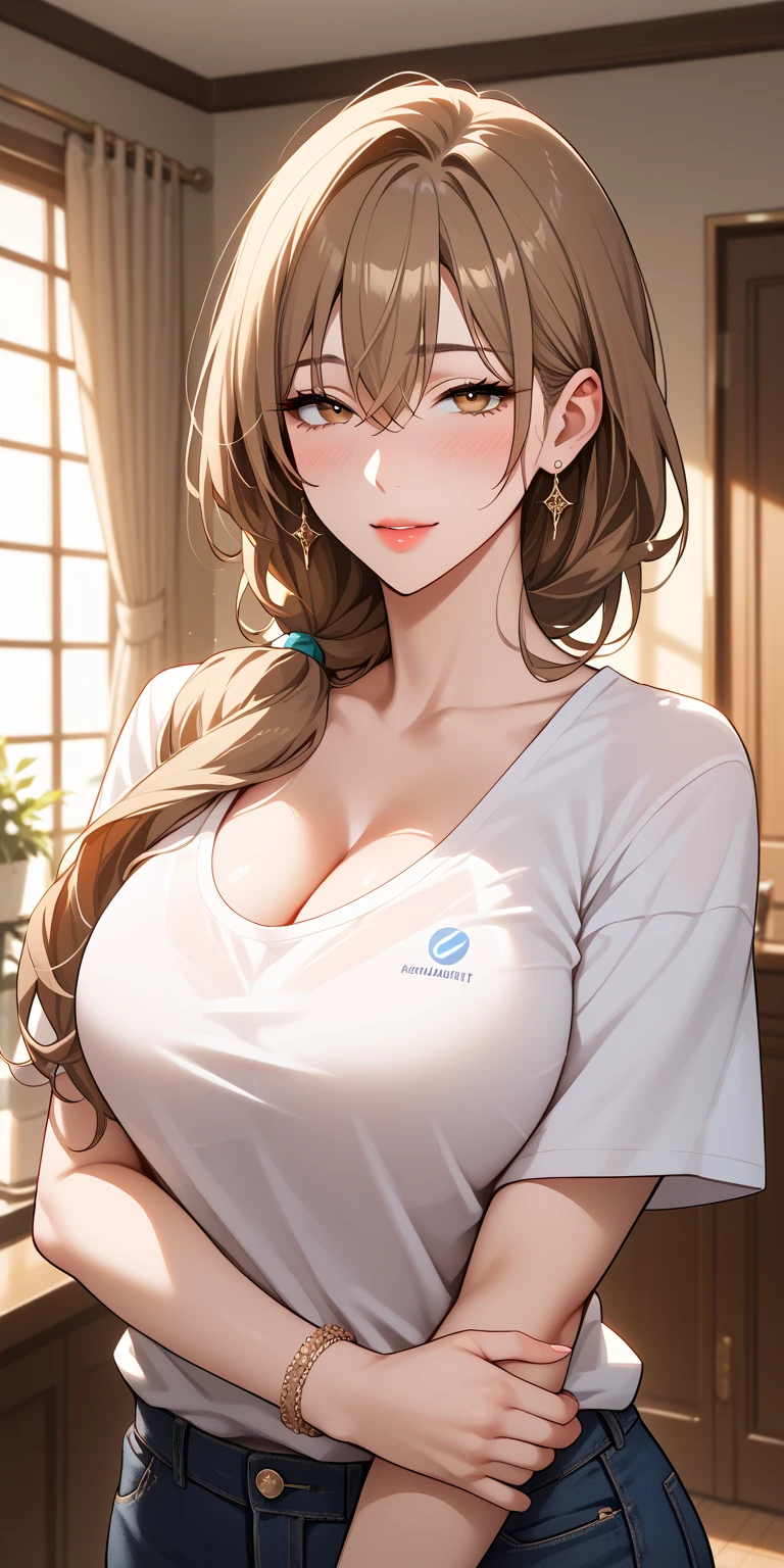 Score_9, Score_8_up, Score_7_up, Source_anime, anime art, anime style, very aesthetic, masterpiece, high quality, 1girl, seductive mature woman, milf, curvaceous, t-shirt, long sleeve, brown hair, long hair, hair between eyes, home, soft light, cleavage, blushing, mfant