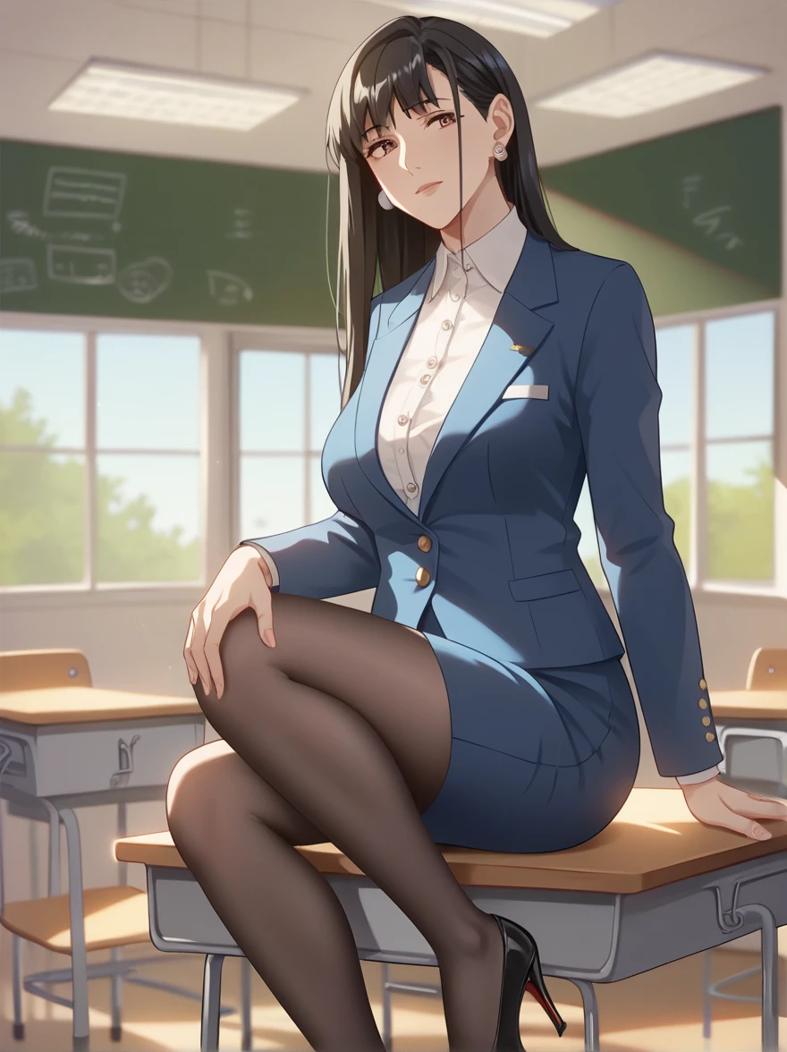 Sunohara Ikumi , 1 girl ,  mature woman , Mature Woman, Alone, black hair, long hair, bangs, Brown Eyes ,  earrings for a woman alone, clavicle, Big Breasts ,  formal navy blue jacket, white cutter shirt, Navy Blue Pencil Skirt , black stockings,Black heels, Background School Vacant Classroom , Head to Knee, viewers,  textured skin,  anatomically correct, masterpiece,  high definition , accurate, 最 High Quality ,  High Details ,  High Definition Model,  High Quality ,  very detailed,  Ultra High Definition, 8k octane, 