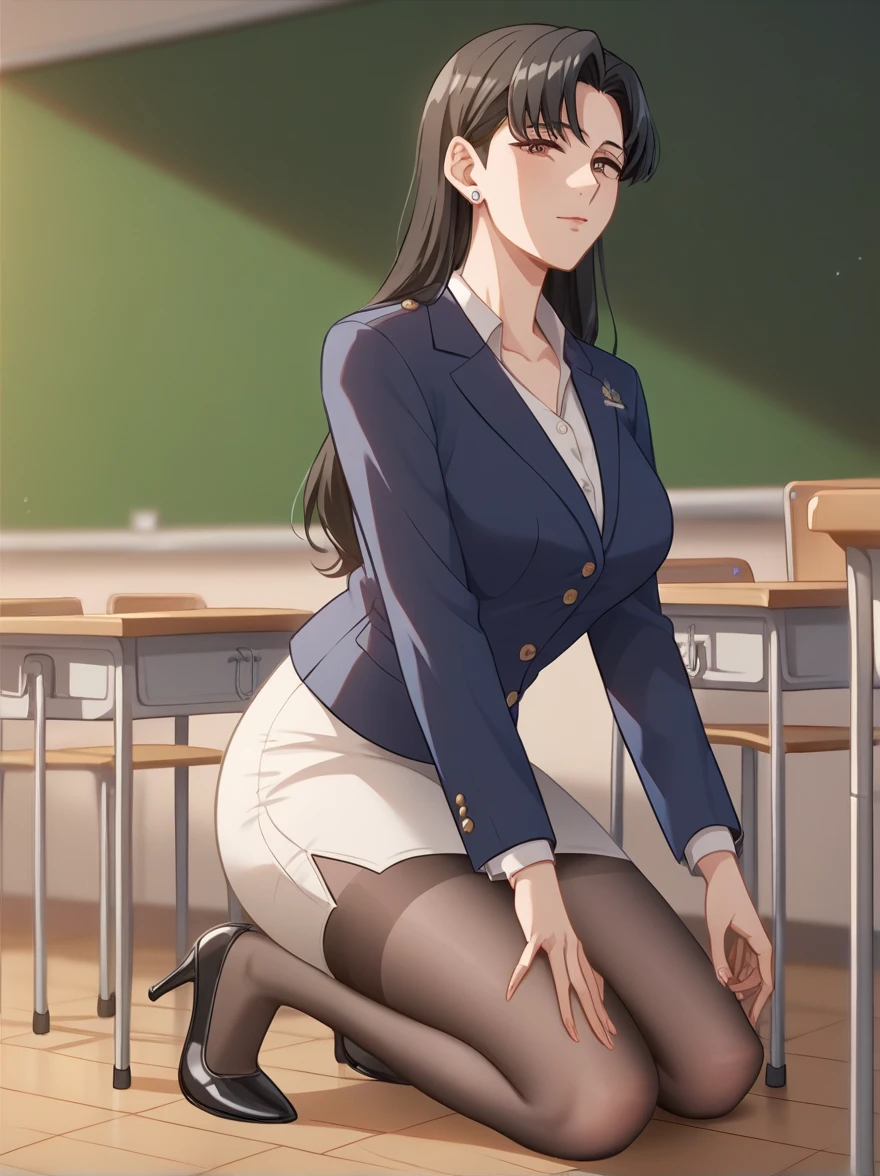 Sunohara Ikumi , 1 girl ,  mature woman , Mature Woman, Alone, black hair, long hair, bangs, Brown Eyes ,  earrings for a woman alone, clavicle, Big Breasts ,  formal navy blue jacket, white cutter shirt, Navy Blue Pencil Skirt , black stockings,Black heels, Background School Vacant Classroom , Head to Knee, viewers,  textured skin,  anatomically correct, masterpiece,  high definition , accurate, 最 High Quality ,  High Details ,  High Definition Model,  High Quality ,  very detailed,  Ultra High Definition, 8k octane, 