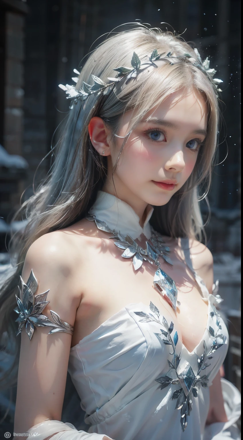 Beautiful goddess of ice and snow, Ice magician, ice element, Intricate design and details, eerie mist, Cold, Blizzard storm, The Conjuring Ice Spell, Cast ice spells, Realistic ice effects, Snow grains, dark fantasy art style, Ruined city, Dramatic lighting, Cinematic