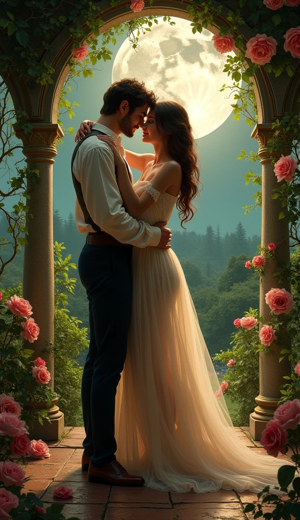 25 YEAR OLD MAN AND PREGNANT WIFE, FAMILY, LOVE, ROMANCE, ROMANTIC, FLOWERS, NIGHTTIME, MOONLIGHT, NATURE, ROSES, NATURE, 8K, detailed matte painting, deep color, fantastical, intricate detail, splash screen, complementary colors, fantasy concept art, 8k resolution trending on Artstation Unreal Engine 5", GOLDEN HAIR, CAUCASIAN, BLUE EYES, Italy