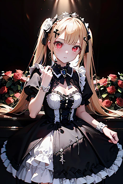 a beautiful girl with long red twin tails, red eyes, wearing a gorgeous black and white gothic lolita dress in a cyberpunk style, with many visible mechanisms and red neon lights shining from the clothes, against a pure white background with many black roses, in a bewitching pose, 1girl, robot style black and white barrette, (best quality,4k,8k,highres,masterpiece:1.2),ultra-detailed,cyberpunk,gothic lolita,intricate details,ornate,dramatic lighting,fine details,mechanical,red neon,black roses,high fashion,elegant,alluring,captivating