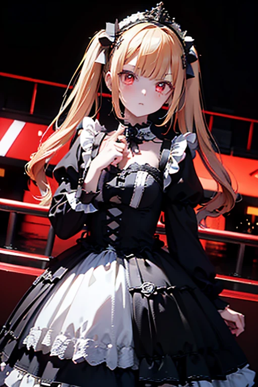 a beautiful girl with long red twin tails, red eyes, wearing a gorgeous black and white gothic lolita dress in a cyberpunk style, with many visible mechanisms and red neon lights shining from the clothes, against a pure white background with many black roses, in a bewitching pose, 1girl, robot style black and white barrette, (best quality,4k,8k,highres,masterpiece:1.2),ultra-detailed,cyberpunk,gothic lolita,intricate details,ornate,dramatic lighting,fine details,mechanical,red neon,black roses,high fashion,elegant,alluring,captivating