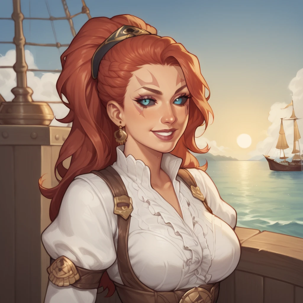 (((beautiful, high quality, comics style, detailed face))), score_9, score_8_up, score_7_up, BREAK, fantasy, female, ashrah, black sclera, facial mark, seductive, smile, (dressed like a Sexy pirate, White Shirt, Long puffy sleeves), female focus, solo:1.4, portrait, upper body, portrait, looking at the viewer, Outside, Huge Ocean in Background, Huge pirate Ship, fantasy, sun on top picture, blurred background, Expressiveh, detailxl