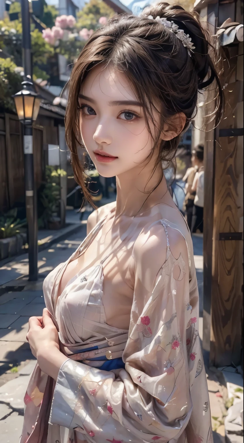 pond, Architecture of feudal Japan, Female, Woman, Sensual milf, Erotic, view the viewer, romantic, Loving, affectionate, face to the viewer, Colorful, Long hair, (Comb your hair into a perfect bun:1.3), (Asian:1.3), hair pin, shairband, bow ribbon, Twilight Blue, gleaming silver, Galaxy Purple, Black velvet, Sakura Park, The cherry tree, Pink petals, Outdoors, Standing, (Covering the chest:1.4), (hand on the breasts:1.3), (Sunset, Dusk:1.25), (Silk kimono robe:1.5), (sash:1.3), (Bare shoulders:1.4), (No shoulder strap:1.3), (Delicate embroidery:1.1), Elegant, drape, (revealing:0.8), (Art by Noah Bradley:1.4), (hands on own breasts:1.3), (Adult:1.4), Petite, Slim waist, Small breasts, FC Heat Portrait, (medium shot:1.3), Disturbance, risk, thin and light, scantily clad, cleavage, (grabbing her own breasts:1.3), (masutepiece:1.2), Subsurface scattering, heavy shadow, (High quality:1.4), Golden ratio, (Convoluted, high detailing:1.2)