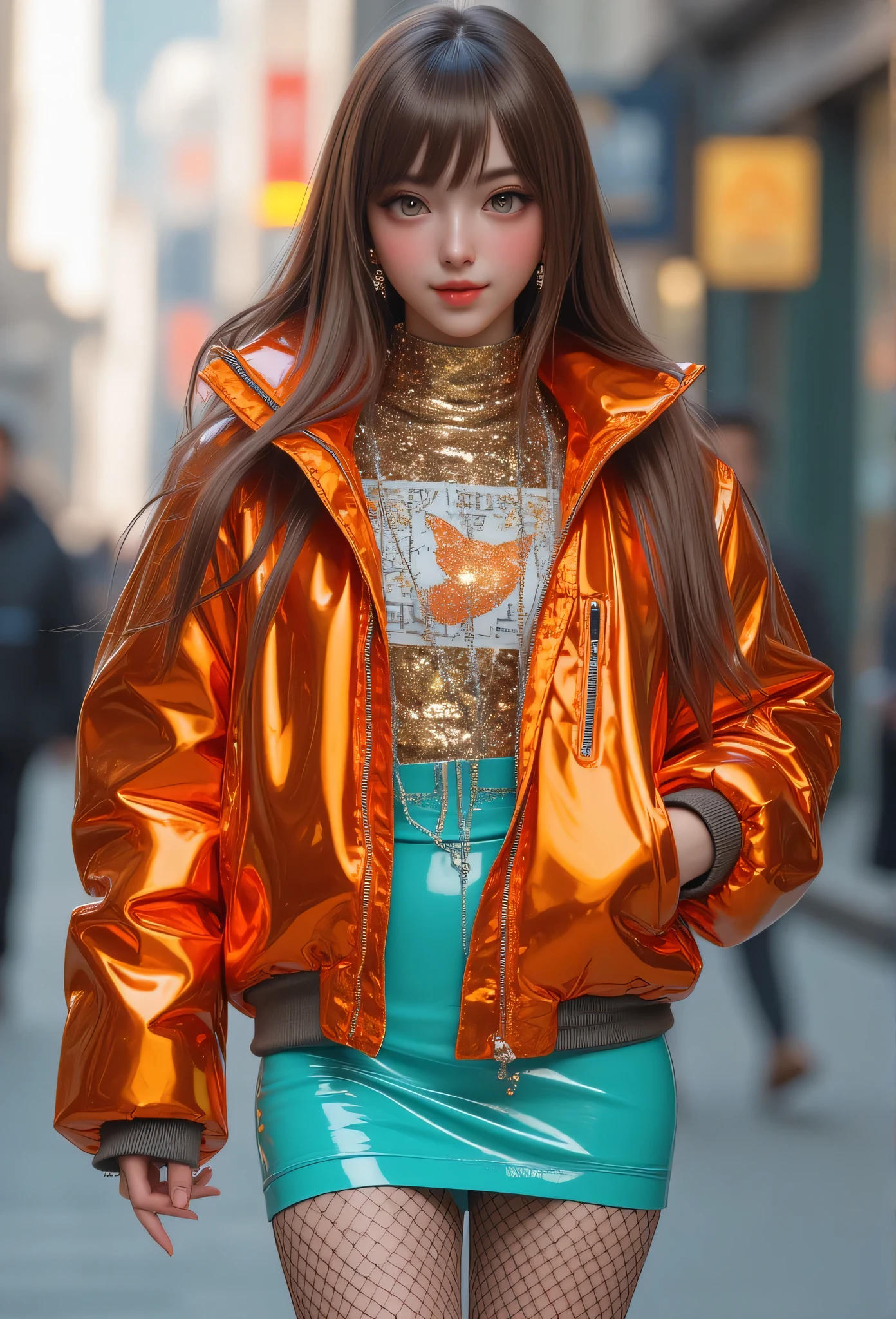 Angelic Very beautiful cute girl,15 yo,
Beautiful detailed eyes, 
Detailed double eyelids,
(Large eyes:1.4),
Long straight brown hair, 
see-through bangs,
Sharp Focus,
beautiful detailed face and eyes, 
drooping eyes,
(Soft Saturation: 1.3), (Fair skin: 1.2),BREAK  
( Super shiny Metallic light orange fashionable Winter Outerwear:1.4) , (Super shiny pantyhose:1.3) , Walking,
Costume lighting,
In the city,
Brown hair,Break (Super Shiny white latex Tight mini Skirt :1.4)