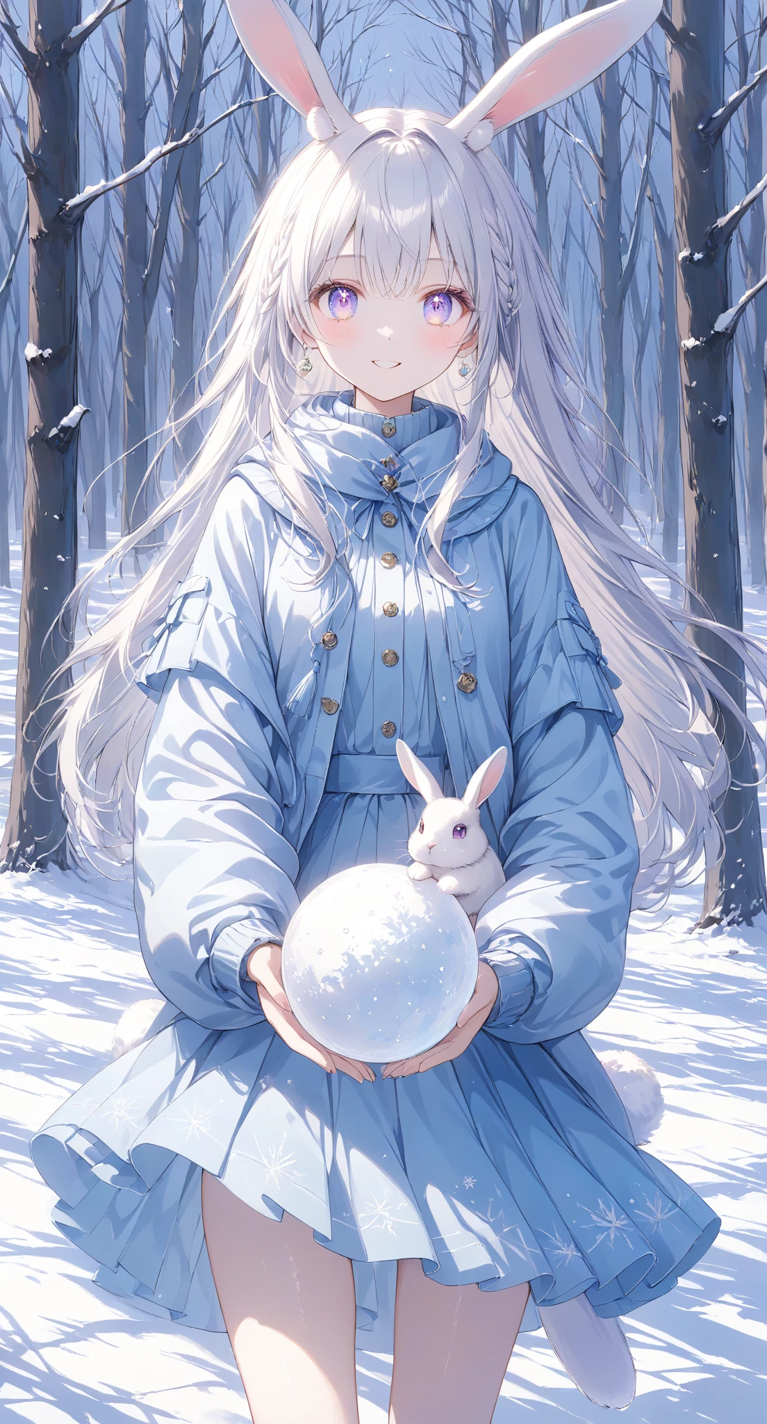 Masterpiece, high quality, high tonal range, high resolution, 16K, KyoAni illustration, background detail, digital painting, hyperrealistic, girl, rabbit, white ears and tail, beautiful face, long eyelashes, fair skin, detailed skin, shiny thin legs, white hair, streaked hair with gold,sparkling eyes, purple eyes, warm design outfit made of white knit material, snow embroidery, big eyes, smiling, holding snowballs, in snowy forest, equipment frozen white, pastel colors