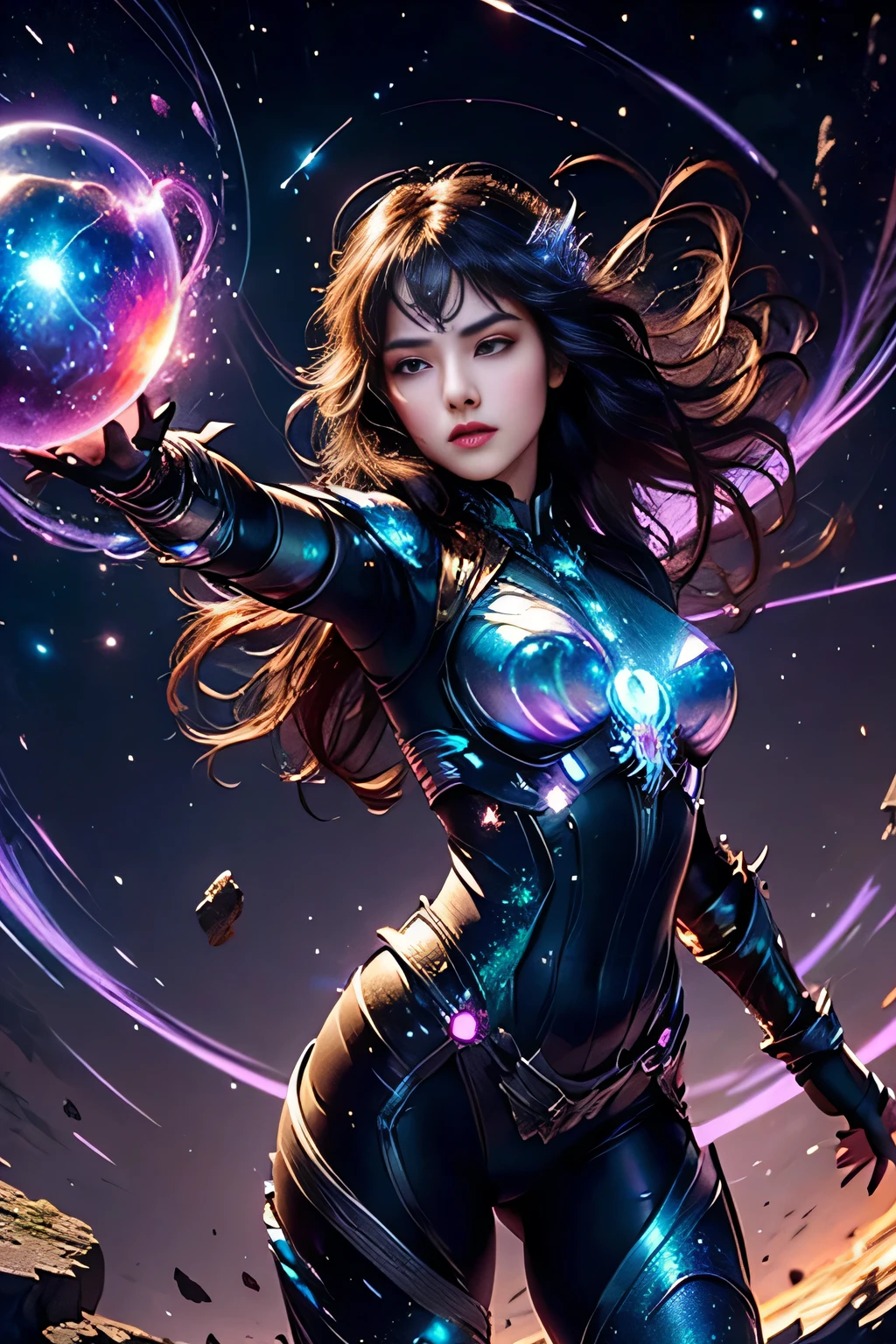 ((High Quality)), ((Detailed)), ((Fantasy)), Official Art, Unity 8k Wall, 8k Portrait, Best Quality, Ultra High Resolution, (Beautiful Italian Teenage Girl), (Detailed iridescent bodysuit with beautiful fractal or marble design: 1.4), Female Space Defense Force warrior, Amazingly spectacular battle scene, Blue plasma brain, Green plasma body, Showing armpits, Beautiful breasts, (Tense and stiff facial expression), Photorealistic, (Amazingly beautiful natural background), (18 age),(sexy and attractive),(dynamic pose),(combat pose),beautiful and seductive face,portrait,(thick eyebrows),(big brown eyes),beautiful and symmetrical eyes,(ultra detailed eyes),(high resolution face and eyes),intimate face,(ultra detailed skin texture:1.2),pale skin,perfect anatomy,slender,(beautiful and toned body:1.3),hair detail,(moist skin:1.2),excellent anatomy,focused face,nice,(delicately made around the neck necklace), (bioluminescence gives off a vivid glow: 1.2), (glowing magic circle), ruins of an old castle, majestic glowing cloud mass and sky, lightning, spectacularly realistic, (blue-green and orange), (art station), cinematic, highly detailed, dramatic light, (intricate detail: 1.1), beautiful black hair, (wearing a jeweled gauntlet with intricate and very beautiful design), small chest, galaxy, (nebula: 1.3), dark knight, fully armored body focus,