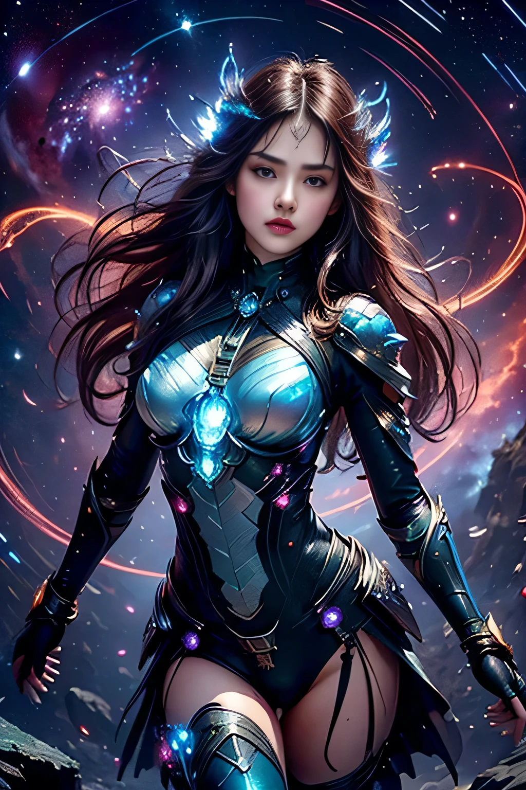 ((High Quality)), ((Detailed)), ((Fantasy)), Official Art, Unity 8k Wall, 8k Portrait, Best Quality, Ultra High Resolution, (Beautiful Italian Teenage Girl), (Detailed iridescent bodysuit with beautiful fractal or marble design: 1.4), Female Space Defense Force warrior, Amazingly spectacular battle scene, Blue plasma brain, Green plasma body, Showing armpits, Beautiful breasts, (Tense and stiff facial expression), Photorealistic, (Amazingly beautiful natural background), (18 age),(sexy and attractive),(dynamic pose),(combat pose),beautiful and seductive face,portrait,(thick eyebrows),(big brown eyes),beautiful and symmetrical eyes,(ultra detailed eyes),(high resolution face and eyes),intimate face,(ultra detailed skin texture:1.2),pale skin,perfect anatomy,slender,(beautiful and toned body:1.3),hair detail,(moist skin:1.2),excellent anatomy,focused face,nice,(delicately made around the neck necklace), (bioluminescence gives off a vivid glow: 1.2), (glowing magic circle), ruins of an old castle, majestic glowing cloud mass and sky, lightning, spectacularly realistic, (blue-green and orange), (art station), cinematic, highly detailed, dramatic light, (intricate detail: 1.1), beautiful black hair, (wearing a jeweled gauntlet with intricate and very beautiful design), small chest, galaxy, (nebula: 1.3), dark knight, fully armored body focus,