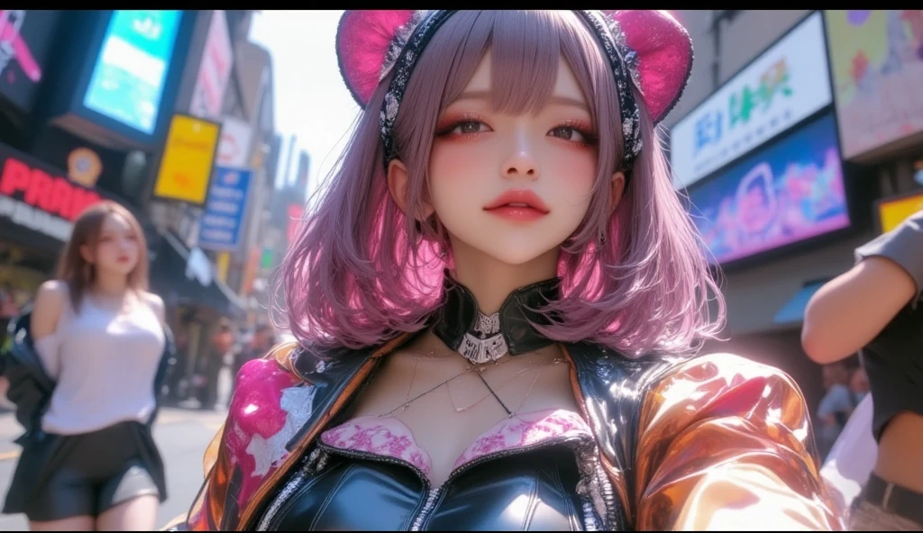 ((best qualtiy)), ((tmasterpiece)), (Detail:1.4), 3D, Beautiful cyberpunk female images,hdr(HighDynamicRange),Ray traching,NVIDIA RTX,Hyper-Resolution,illusory 5,sub surface scattering,PBR textures,post-proces,Anisotropy Filtering,depth of fields,maximum definition and sharpness,Many-Layer Textures,Albedo e mapas Speculares,Surface Coloring,Mitsu-Accurate simulation of material interactions,perfectly proportioned,rendering by octane,Two-colored light,largeaperture,Low ISO,White balance,Rule three points、8K raw data、beautiful bright pupils,off-the-shoulder clothes,Fine pupils,Delicate face and eyes,long eyelasher,Blushlush,Delicate and fluffy hair,pink lip,Pure,cute big breasts,Sweet girl,Artistic sense,Casual wear,Advancedsense,butterflys,Cherry blossom petal,Beautiful hair accessories,Long hair and waist,Hair fluttering in the wind