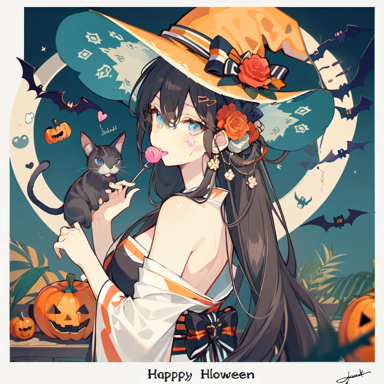 (masterpiece:1.2), best quality,PIXIV,Sweet girl portrait,
1girl, lollipop, food, bow, candy, striped bow, hat, flower, halloween, hair ornament, solo, japanese clothes, witch hat, striped, holding candy, kimono, looking at viewer, holding lollipop, happy halloween, cat, holding, rose, black cat, spider web, bangs, signature, black headwear, silk, holding food, sash, hair flower, bat (animal), upper body, obi, facial mark, animal, hat bow, grey hair, blue eyes, orange bow, jack-o'-lantern, black bow, heart, english text, wide sleeves, grey background, hair bow, white bow, looking back
 