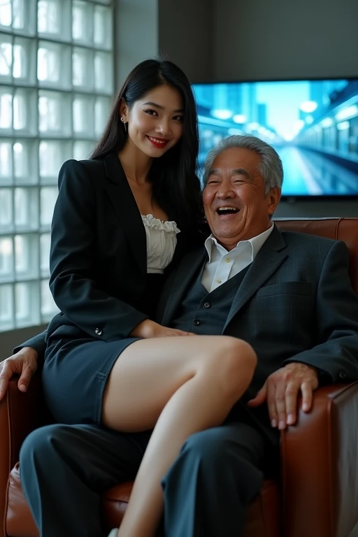 Correct body structure, correct hands, Exquisite face, real face, original photo,1 asian woman and 1 asian old man In an express hotel room, on a double bed, the woman is wearing a black leather miniskirt, high-heeled over-the-knee boots, and a black leather jacket. She smiles and makes a V-sign to the camera,The old man with a gag,environmental lighting, Ultra-detailed photos, soft light, Kodak Ektar 100, Rich emotional colors, DSLR camera,