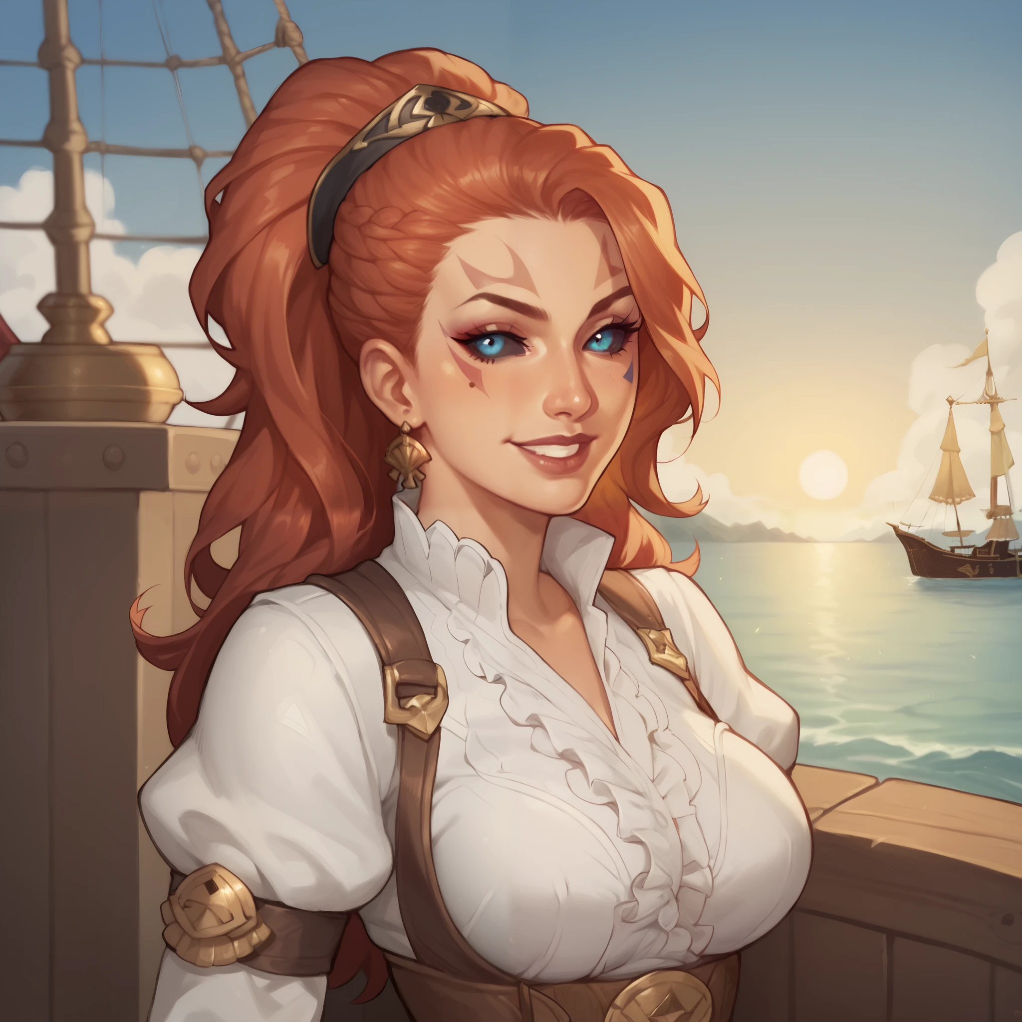 (((beautiful, high quality, comics style, detailed face))), score_9, score_8_up, score_7_up, BREAK, fantasy, female, ashrah, black sclera, facial mark, seductive, smile, (dressed like a Sexy pirate, White Shirt, Long puffy sleeves), female focus, solo:1.4, portrait, upper body, portrait, looking at the viewer, Outside, Huge Ocean in Background, Huge pirate Ship, fantasy, sun on top picture, blurred background, Expressiveh, detailxl