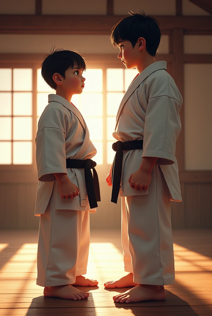 "After the victory, the boy stands beside his judo master, both wearing their judo uniforms. The master looks at him with pride, while the boy, still in awe of his win, has a humble smile on his face. The setting is the judo dojo, symbolizing the journey they’ve shared and the lesson learned."