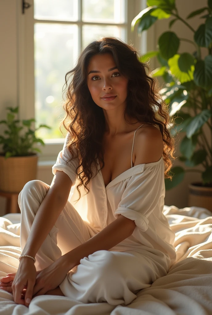 (photorealism:1.2), beautiful woman, sitting on bed, wearing loose off-shoulder top, pajama pants, long curly hair, indoors, soft lighting, plants in background, window with sunlight, cozy room, relaxed pose, realistic, intricate details, warm colors, by Greg Rutkowski, by Alphonse Mucha