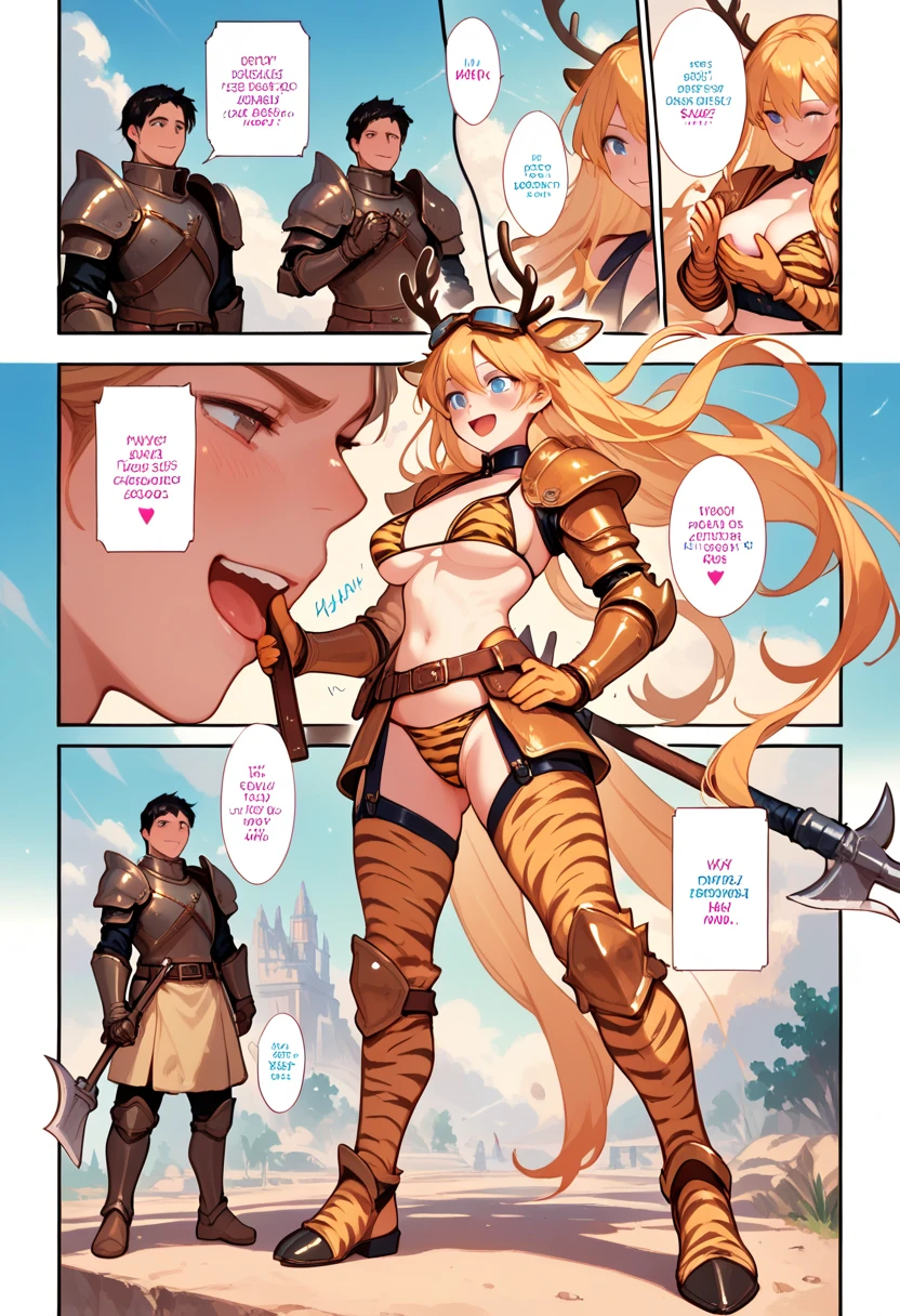  cute girl, hold clothes, Support breast with own hands, wearing fire armor,  giant axe , goggles, bikini armor,  deer antler, Tiger print waist wrap,  Rocket Booster, groping breast self, smirk, (1page),comic,Multi view, Frame, Text, speech bubble, frame, heart, trembling, focus line, comic expression, Sound effect, 1girl, solo focus, (full body:1.3), (cowboy shot).