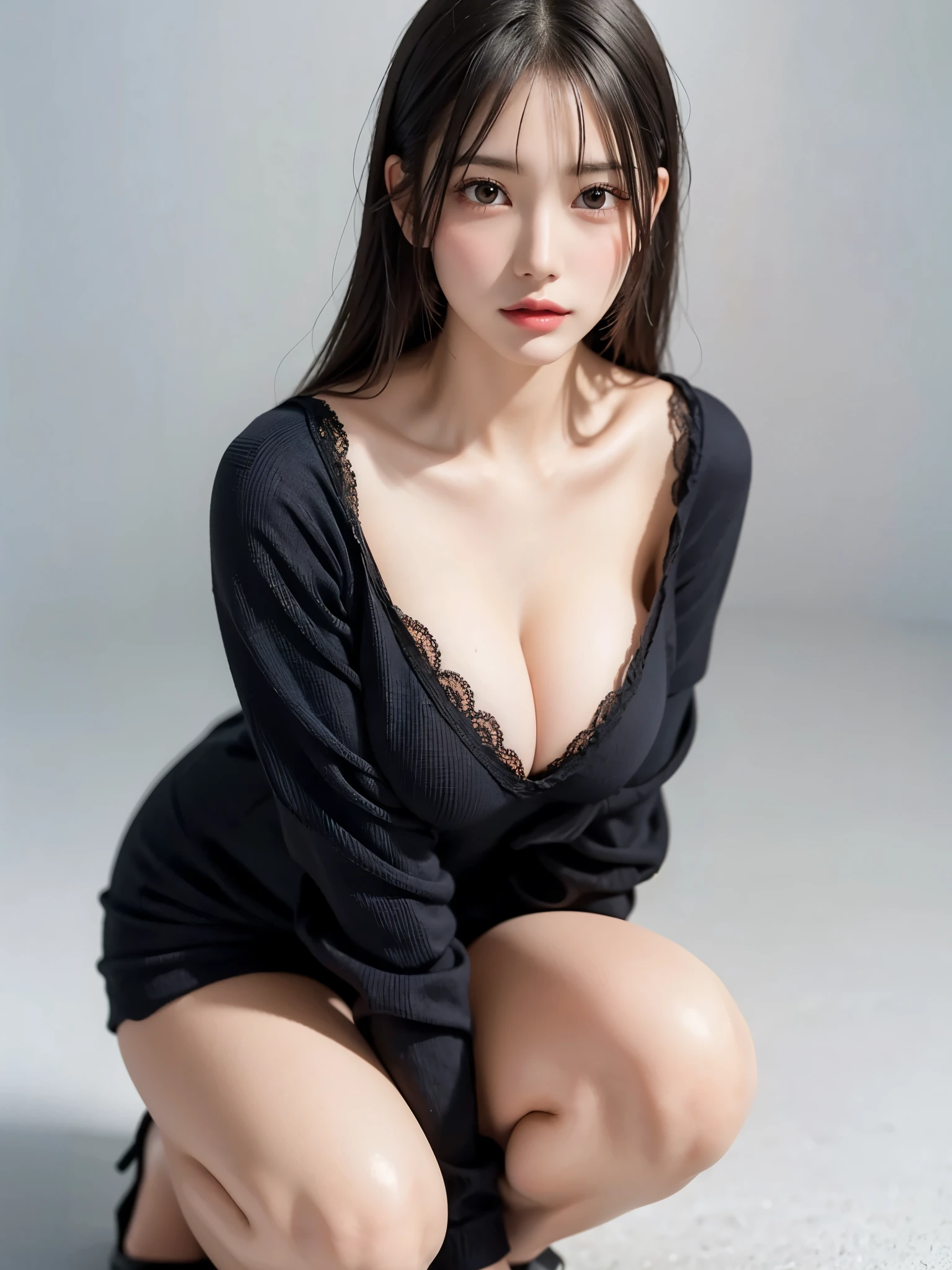   girl, Big Breasts,Wide cleavage breasts,large breasts, open my lips,((( gray background))), Alone,(masterpiece:1.4),( top quality:1.4),((( detailed face , fair skin, casual wear))), (Jet Black Hair,Shiny hair:1.2),  ( realistic , Realistic: 1.37), (masterpiece,  top quality: 1.2), ( super high resolution: 1.2), ( RAW photos : 1.2), ( beautiful skin : 1.2), ( pale skin: 1.3), ( beautiful face: 1.3), (  detailed background: 1.3), glossy skin,whole body,glossy legs 