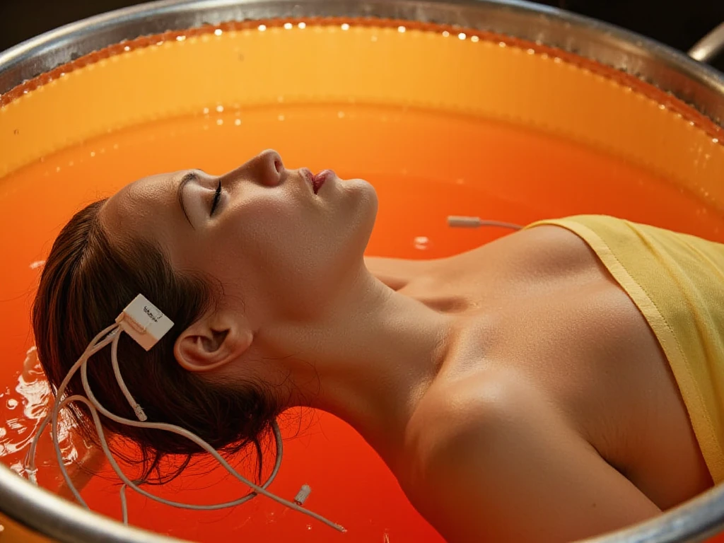 fully imersed in translucent orange jelly orange gel, she is floating inside jelly gel,  she sleeps inside a giant tech pot filled with orange gel and filled with orange jelly, inside brain machine that envelops her in a translucent, orange gel-filled chamber, with intricate cables connecting to her head. sexy woman in pacient hospital clothes and wires in her head, inside huge orange jelly gel,