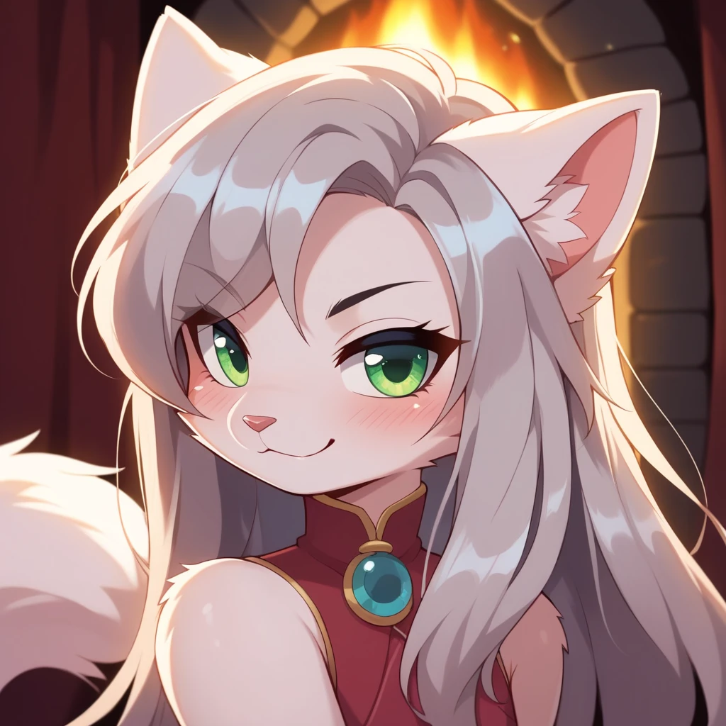 masterpiece, best quality, ultra-detailed, highly aesthetic, anime style, sharp focus, absurdres, portrait, furry male, cat boy, (soft white fur:1.2), delicate androgynous features, big expressive emerald green eyes, (playful smirk 1.2), fluffy cat ears, silver hair with soft curls, soft blush on cheeks, long swishing tail in background, cozy atmosphere, elegant lighting, slight head tilt, detailed textures on fur and hair, warm golden hues, soft shadows, rim lighting accentuating ears and hair, blurred bokeh background, glowing fireplace in the distance, warm and inviting tones, focus on the face, natural textures