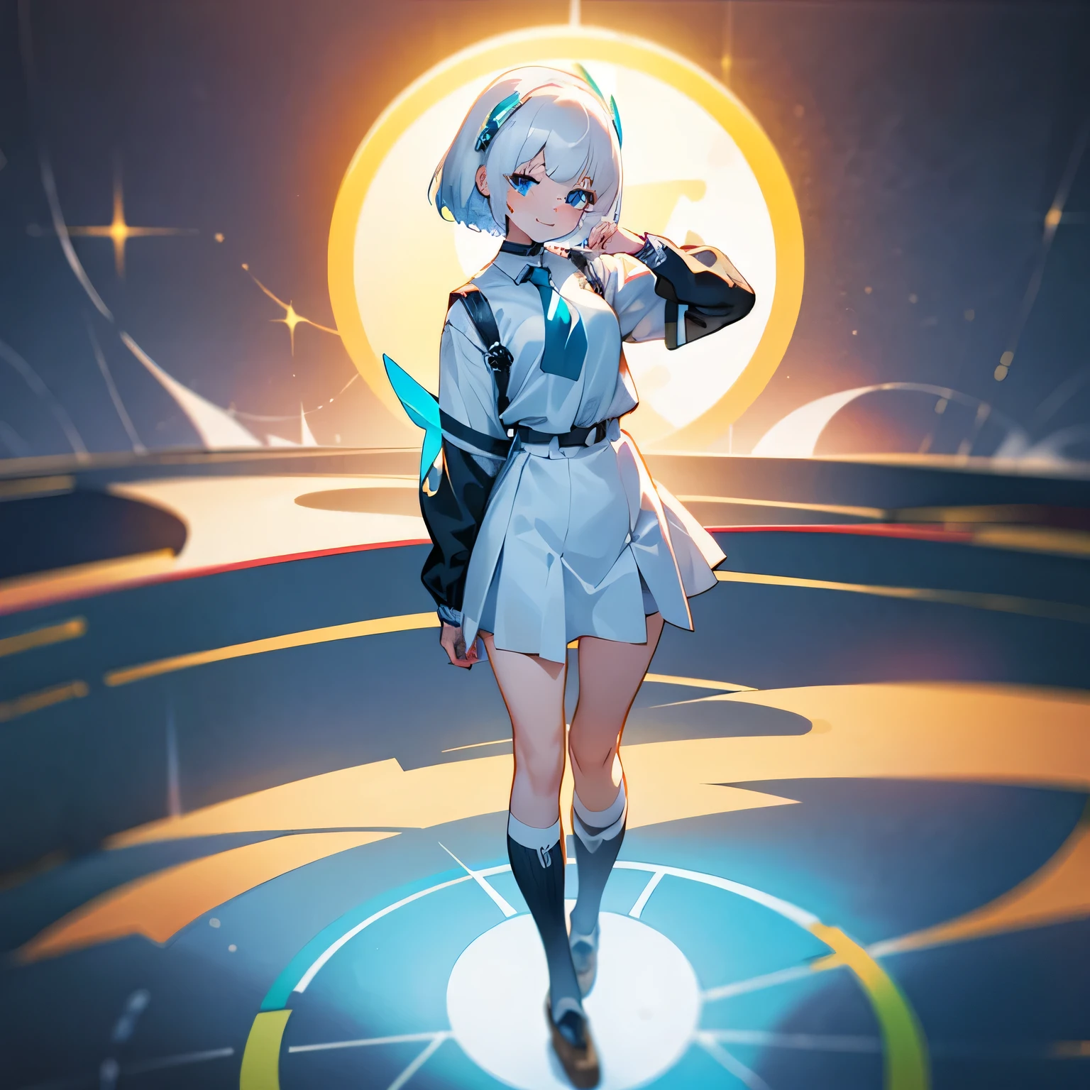 beautiful young woman, school uniform, white hair, short hair, human sized head, blue Eyes, solid circle eyes, smile, light blush, pov, full body, standing upright, looking down at viewer, realism, 8k, super detail, ccurate, best quality