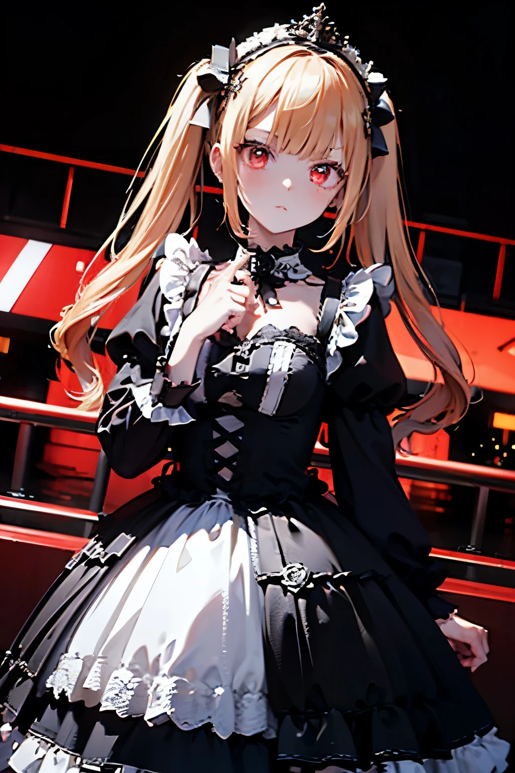 a beautiful girl with long red twin tails, red eyes, wearing a gorgeous black and white gothic lolita dress in a cyberpunk style, with many visible mechanisms and red neon lights shining from the clothes, against a pure white background with many black roses, in a bewitching pose, 1girl, robot style black and white barrette, (best quality,4k,8k,highres,masterpiece:1.2),ultra-detailed,cyberpunk,gothic lolita,intricate details,ornate,dramatic lighting,fine details,mechanical,red neon,black roses,high fashion,elegant,alluring,captivating