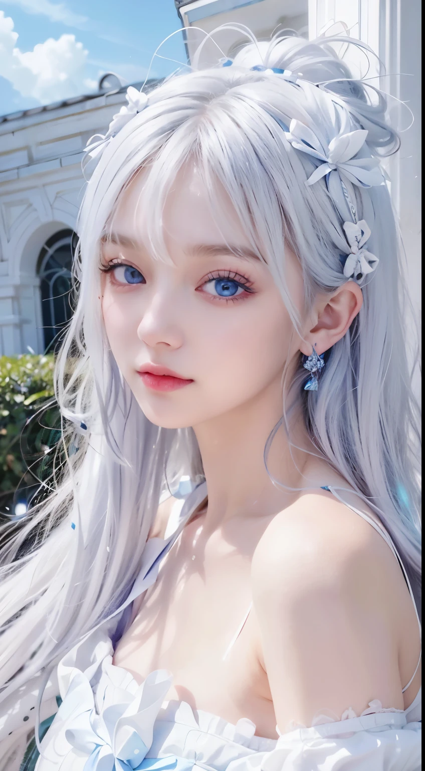 With white hair and blue eyes、Transcendent Beautiful Girl、It's like a fantastic existence。Its white hair swayed in the wind、Blue eyes shine like a clear sky。Her skin is pure white、Detailed features beautifully color your facial features.。Her beauty is、Looks great against any background、Its presence will fascinate everyone.。