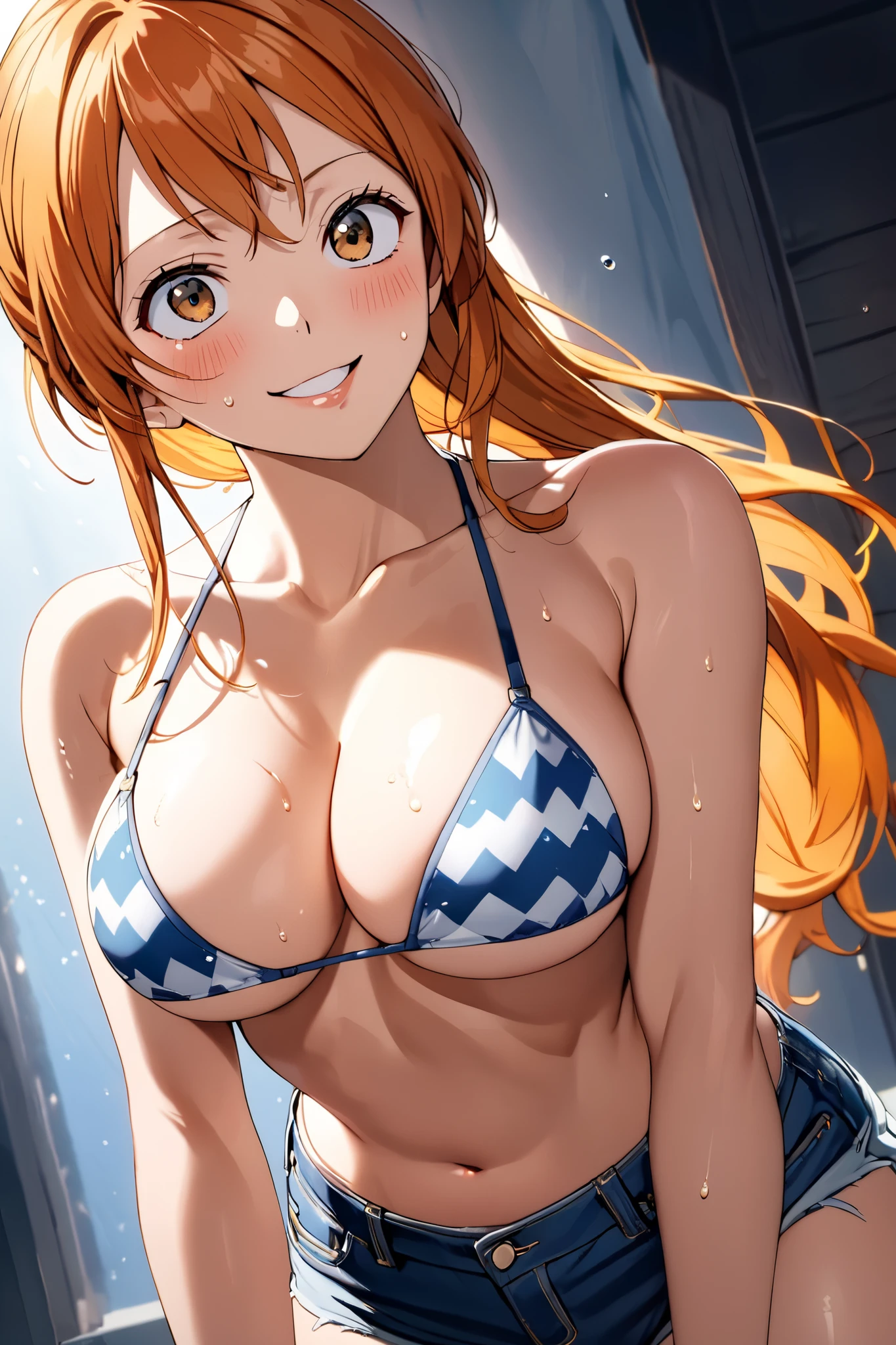 masterpiece, Best Quality, High resolution,16k,official art,super detailed skin,detailed,animated painting,(Nami:1.5),(onepiece:1.1),1990s \(style\),(E-cup beautiful breasts)、 (tall:1.2),height: 175cm,Fashion model body type、clevage, Sexy long legs,bikini bra、(short jeans),underboob,Abdominal muscles、, oraneg hair、long hair,big eyes,long eyelushes,Muscular、1girl,solo,nsfw,sexy,smile,shy,blush,(vulgarity:1.3)、(Ahegao:1.2),Anime-style painting style,Close up on upper body,Cinematic lighting,Superfine,Seductively Posing,dynamic angle, closeup shot,simple white background,Sweating all over the body,splead legs,morning,(