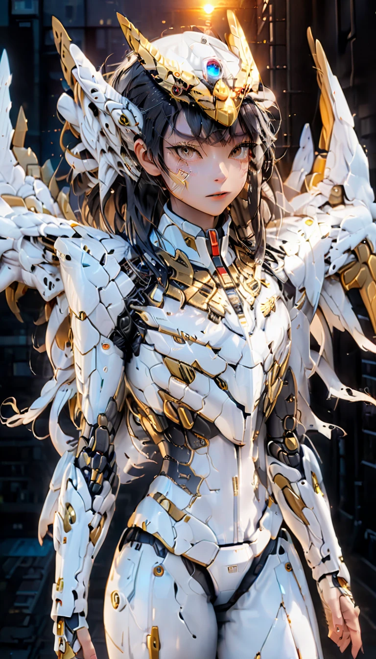 A highly detailed depiction of a young woman wearing a futuristic and intricate winged mecha suit, primarily white with golden accent. The suit features a dynamic, aerodynamic design with glowing accents and mechanical joints, emphasizing agility and speed. Her helmet resembles a dragon head, complete with sharp, animalistic contours, glowing eyes, and sleek, ear-like appendages. The background portrays a vibrant, high-tech urban environment at sunset, with warm hues reflecting off the metallic surfaces of her suit, adding depth and energy to the scene. The girl’s stance is poised, exuding confidence and readiness for action.