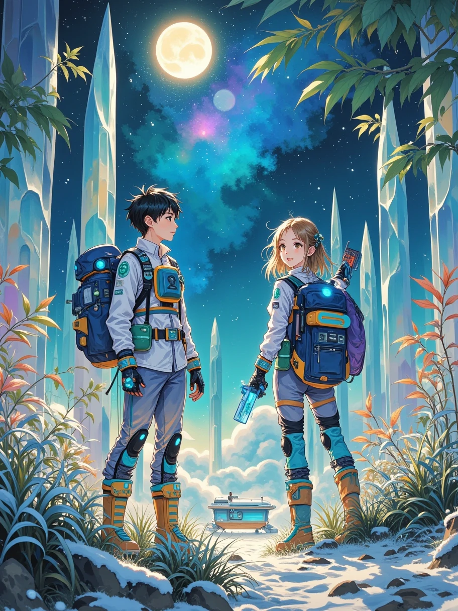 Envisioning a Cyberpunk Future，A handsome boy and a beautiful girl become brave space travelers, These young explorers are wearing high-tech suits，There is a complex circuit design inside，Glowing neon light, They stood together on an unknown alien planet, The scenery there is stunningly beautiful，Towering crystalline structures against a colorful nebula sky。The boy scans the horizon with a futuristic gadget in his hands，The girl is studying a strange plant with glowing leaves，This is the sign of this planet&#39;s bizarre biosphere。Their spaceship was parked far behind them, It is a sleek structure made of metal and lights。