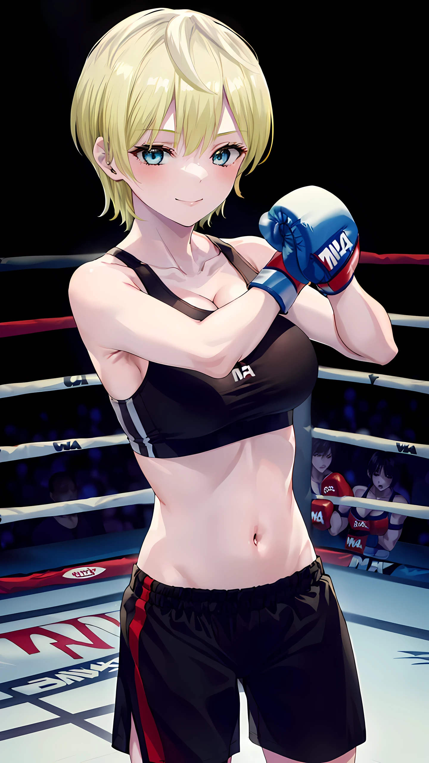 tenkaizumo, izumo, tenka, short hair, Blue eyes, blonde, (1 girl:1.5, solo:1.5), 8K, masterpiece, Highest quality, Hyper Detailed eyes, Detailed face, big breast, (wearing (white) sports bra:1.5, tight fit short spats:1.5, bare thigh, cleavage, small navel, sleeveless, bare foot), (MMA Arena :1.5), looking at viewer, (upper body shot:1.5), smirking, (boxing poses:1.5), from below,