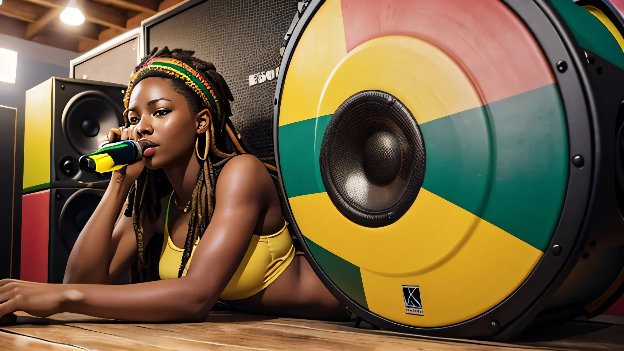 Reggae Rasta Color Jamaican Dancehall Club Band Girl Beauty Beautiful details down to the smallest detail ４k ８K Highest Quality　 high image quality　Kingston town speaker sound system