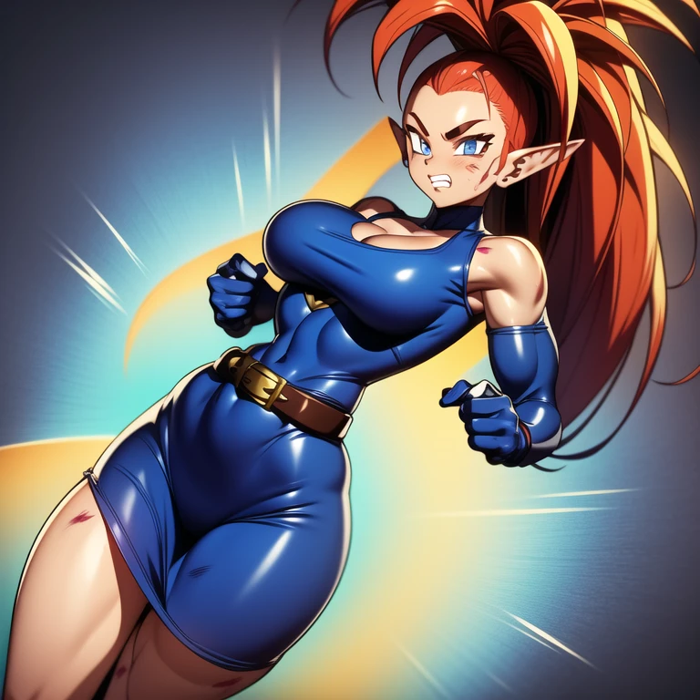 dbsuper style, 1
Girl, captain mizuki, green aura, super saiyan's aura, belt, pointed ears, elf ears, Red colored hair, huge hair, bruise, bruise on face, clenched hands, frown, gloves, blue eyes, grey gloves, evil grin, medium breasts, Aura around her, solo, high ponytail, mouth opened, furious, magician clothes, long skirt with under-shorts,  powering up aura
, ((masterpiece)) 
