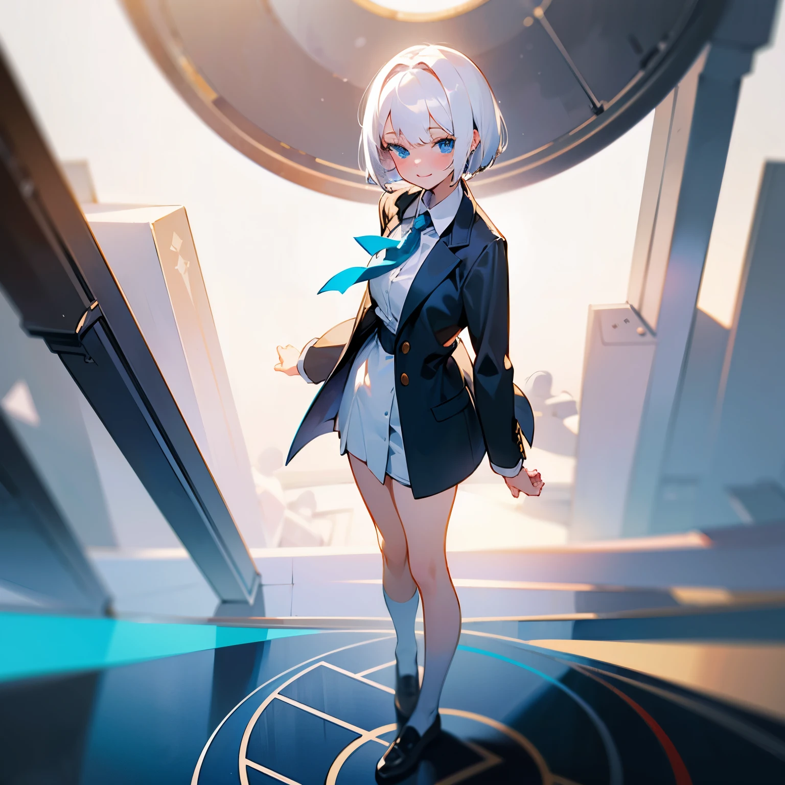 beautiful young woman, school uniform, white hair, short hair, human sized head, blue Eyes, solid circle eyes, smile, light blush, pov, full body, standing upright, looking down at viewer, realism, 8k, super detail, ccurate, best quality