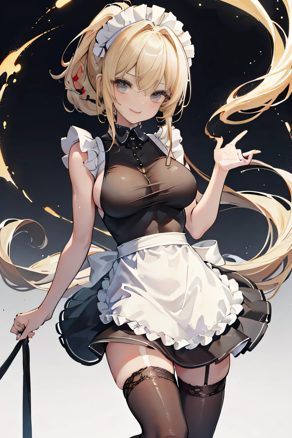 (( top quality)), (( Masterpiece )), ( Details), slender women , gal、 ((( Big Breasts、 blonde alone 、 ponytail 、Curly hair、Brown Skin、 sunburned skin、 slender girl posing in a cute pose 、 abs、Maid、Black Maid 、 sleeveless、 apron dress 、 black miniskirt 、 black stockings 、 white apron 、 Jump up and down to take a decided pose 、smile )))、 Large hair ornament、transparent BODY STOCKING
see-through, BODY STOCKING