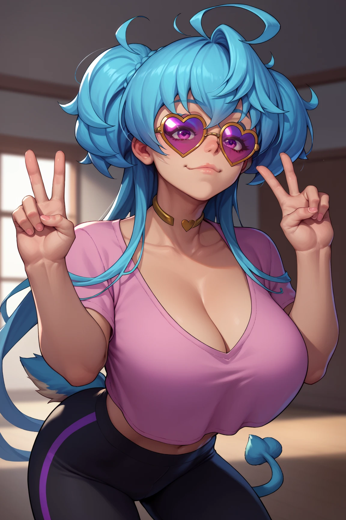 caglistro , girls nude, Alone, SymphCag , Cyan Hair,  short twin tail , Ahoge,  long hair,  purple eyes,  gold choker,  Big Breasts ,  pink t-shirt ,   heart shaped sunglasses,  black pants, Yoga pants, Look at you, Conceit,  up per body,   peace sign,Insertion, Deepthroat:1.5 