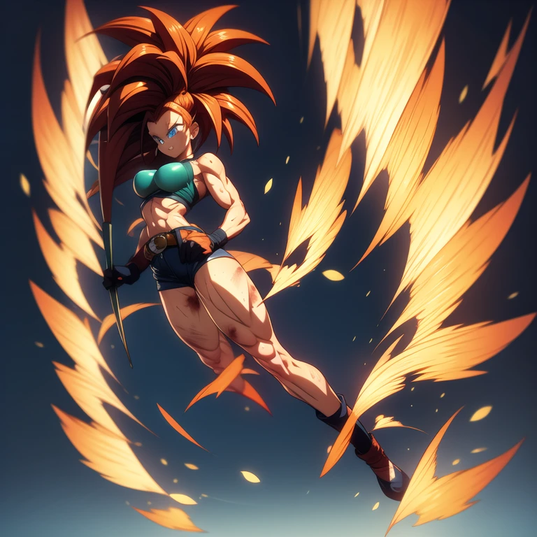 dbsuper style, 1
Girl, captain mizuki, green aura, super saiyan's aura, belt, pointed ears, elf ears, Red colored hair, huge hair, bruise, bruise on face, clenched hands, frown, gloves, blue eyes, grey gloves, evil grin, medium breasts, Aura around her, solo, high ponytail, mouth opened, furious, magician clothes, long skirt with under-shorts,  powering up aura
, ((masterpiece)) 
