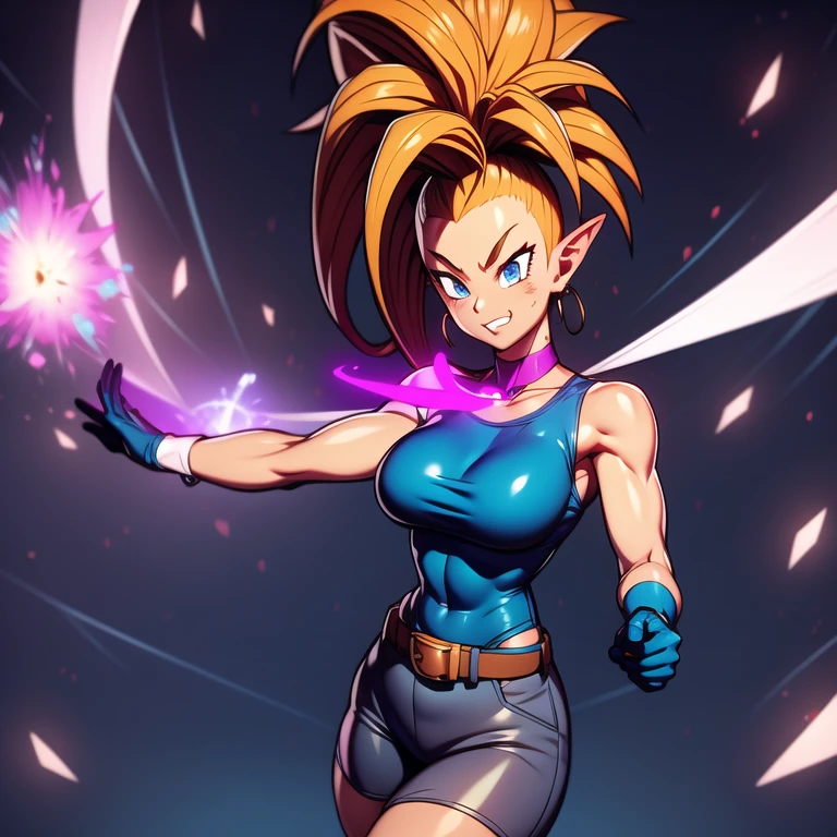 dbsuper style, 1
Girl, captain mizuki, green aura, super saiyan's aura, belt, pointed ears, elf ears, Red colored hair, huge hair, bruise, bruise on face, clenched hands, frown, gloves, blue eyes, grey gloves, evil grin, medium breasts, Aura around her, solo, high ponytail, mouth opened, furious, magician clothes, long skirt with under-shorts,  powering up aura
, ((masterpiece)) 
