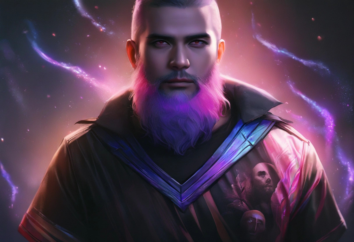 Extremely detailed mask, make him holding a purple sphere in his hand, purple rays coming out of the brain and interconnecting dots, swap the scenery for something darker and more detailed