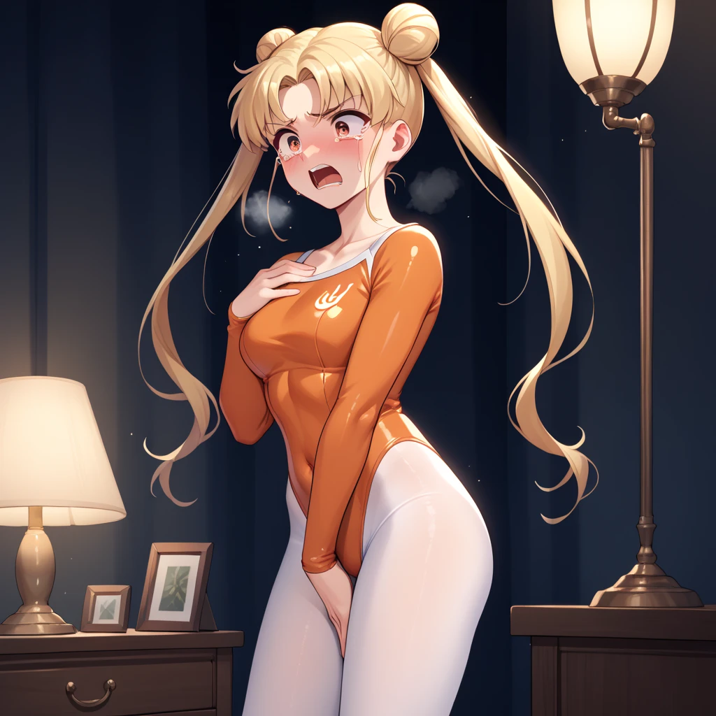 slrmn, blonde hair, twintails, double bun, parted bangs, 
skin tight, tight fit, long sleeve, simple orange leotard, white pantyhose, (off neck), break,
score_9, score_8_up, score_7_up, dimly lit basement, lamp, break,
, blush, yelling, Heavy breathing, tearing up, hand between legs, hand on own chest, standing , twist, , , 