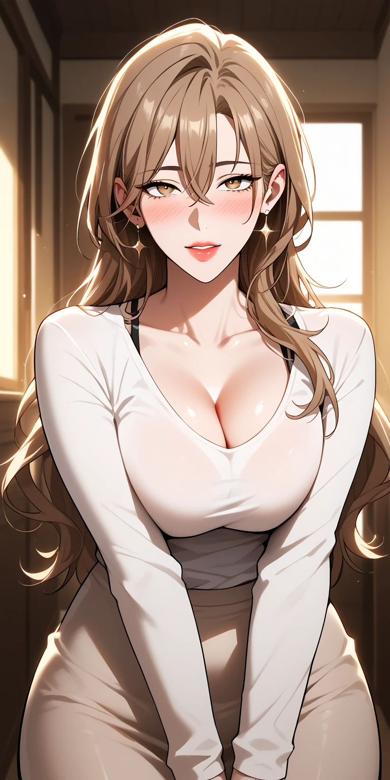 Score_9, Score_8_up, Score_7_up, Source_anime, anime art, anime style, very aesthetic, masterpiece, high quality, 1girl, seductive mature woman, milf, curvaceous, t-shirt, long sleeve, bottomless, brown hair, long hair, hair between eyes, home, soft light, cleavage, blushing, mfant