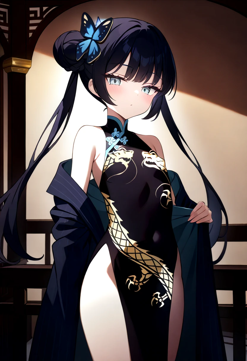 masterpiece,  top quality,  perfect face,  highest resolution, eyes showing the navel, Ryuuge Kisaki,  1 girl, young,  gray eyes,  black hair,  bun hair ,  twin tails, Butterfly Hair Ornament,  long hair,  flat chested, Chinese Dress , dragon print, Gold embellished dress, Western-style building