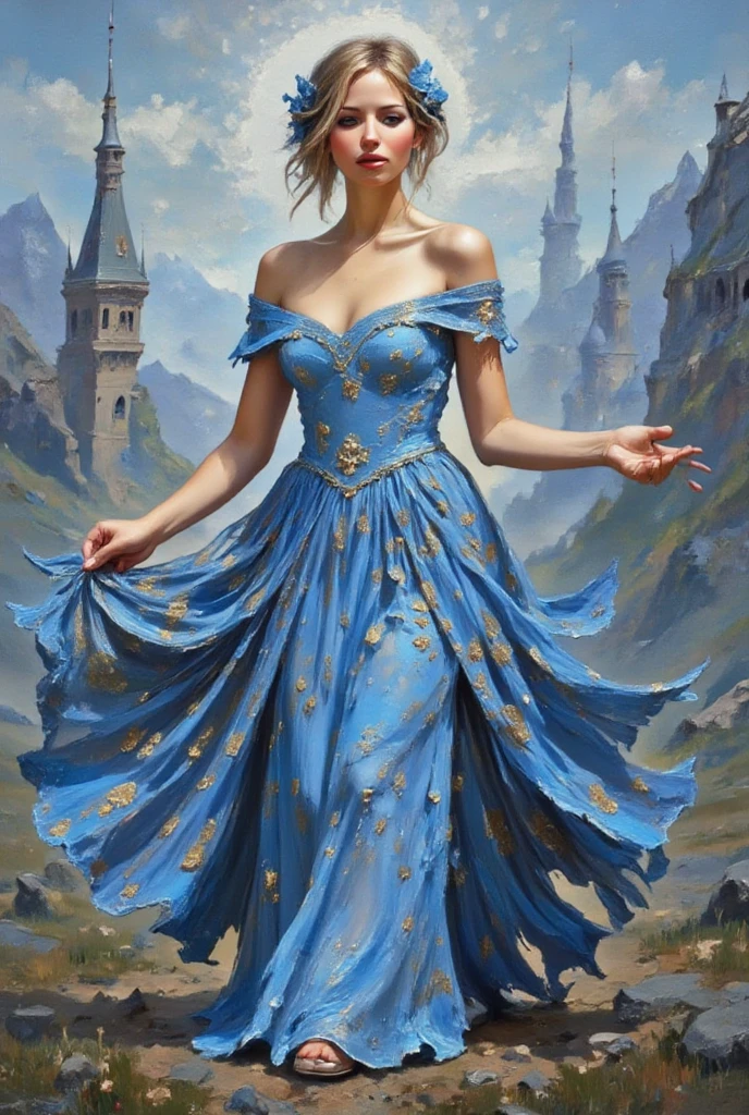 A dibrshstrk style painting, a woman wearing a blue dress