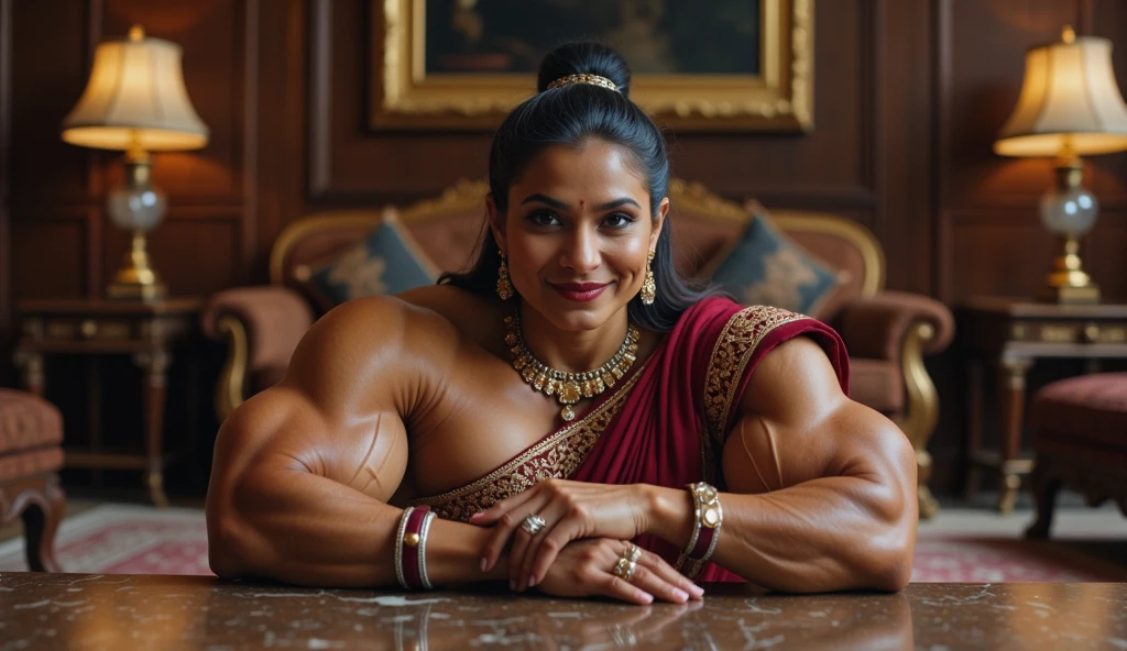  Sitting on the edge of a large marble table ,  with legs crossed and arms resting on the table showing muscular shoulders,  60-year-old Indian woman with luminous brown skin ,  elongated face with soft wrinkles on the eyes ,  big, dark eyes , straight nose, fine lips painted in maroon ,  gray black hair tied in a high bun ,  extremely muscular body with defined pectorals ,  marked arms and narrow waist ,  dark red sari with gold embroidery and traditional gold and diamond jewelry ,  in a luxurious living room with carved furniture ,  Persian carpets and glass lamp ,  serious but kind attitude reflecting wisdom and power .

