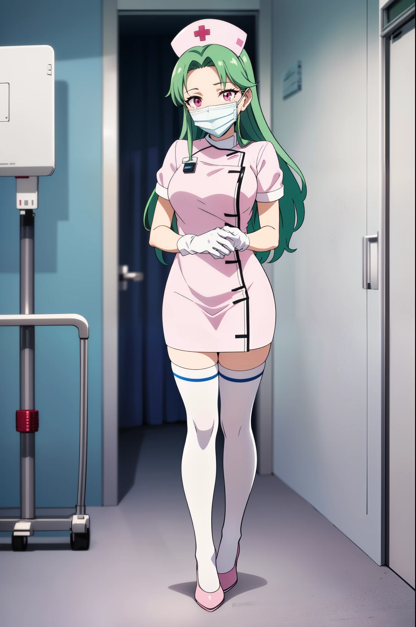 1 female, alone, nurse, nurse cap, Whiteware, ((white legwear, zettai ryouiki)), white gloves, amount, long hair, green hair, pink eyes, ((White surgical mask, Covered nose)), Are standing, ((hospital room)), sharp outline, short sleeve, mature woman, 35 years old, highest quality, masterpiece