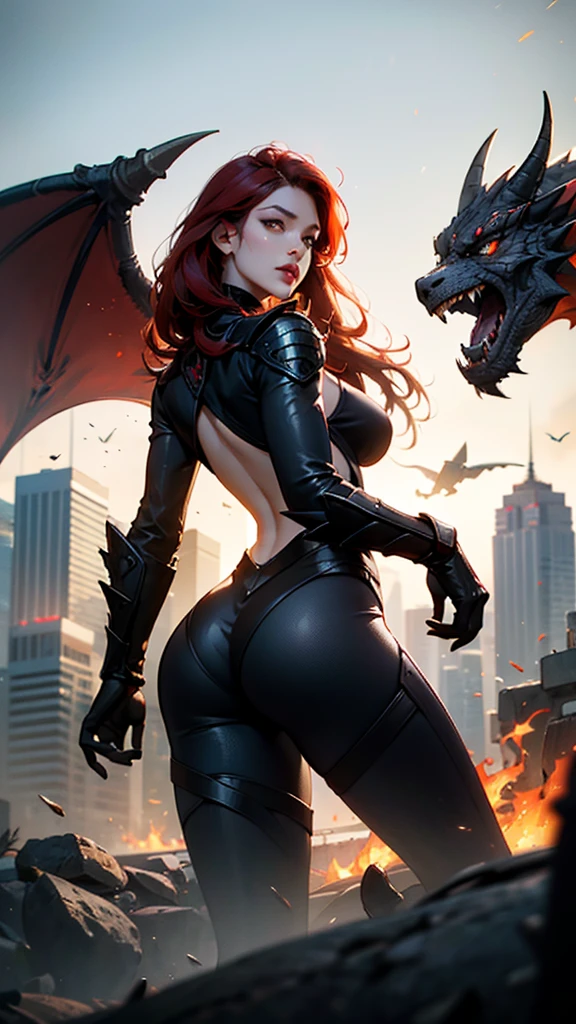 Solo, female, female and an ancient dragon, female is in the battle, (dragon’s figure is slim and sharp, widely spread the wings), her face is beautiful, detailed beautiful long hair, real red hair, detailed sharp eyes,eye color is ruby, beautiful ruby, beautiful eyelids, makeup, smirky facial, (cityscape, destroyed, war, (A dragon is flying and roaring from behind the her , black and red, detailed dynamic dragon, roar, awe, face to the camera) in background), (best quality, 4k, 8k, incredibly absurdres , masterpiece:1.2),ultra-detailed, (realistic, photorealistic, photo-realistic:1.37),HDR,UHD, cinematic lighting, best lighting allocation, ultra-fine painting, sharp focus, anatomical perfect rendering, extreme detail description, professional, optimized colors, bikini armor, 