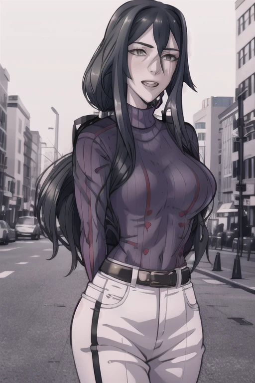 masterpiece, best quality, absurdres, perfect anatomy, 1girl, solo, osanaAishi, sweater, ribbed sweater, long sleeves, high-waist pants, outdoors, city, arms behind back, 