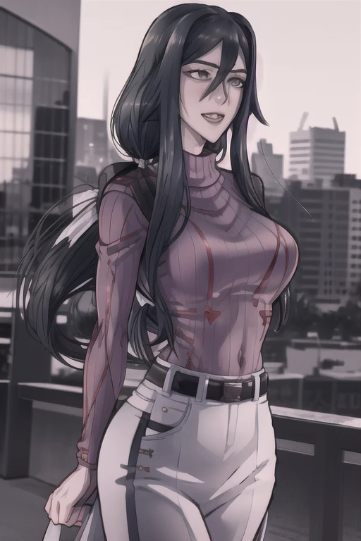 masterpiece, best quality, absurdres, perfect anatomy, 1girl, solo, osanaAishi, sweater, ribbed sweater, long sleeves, high-waist pants, outdoors, city, arms behind back, 