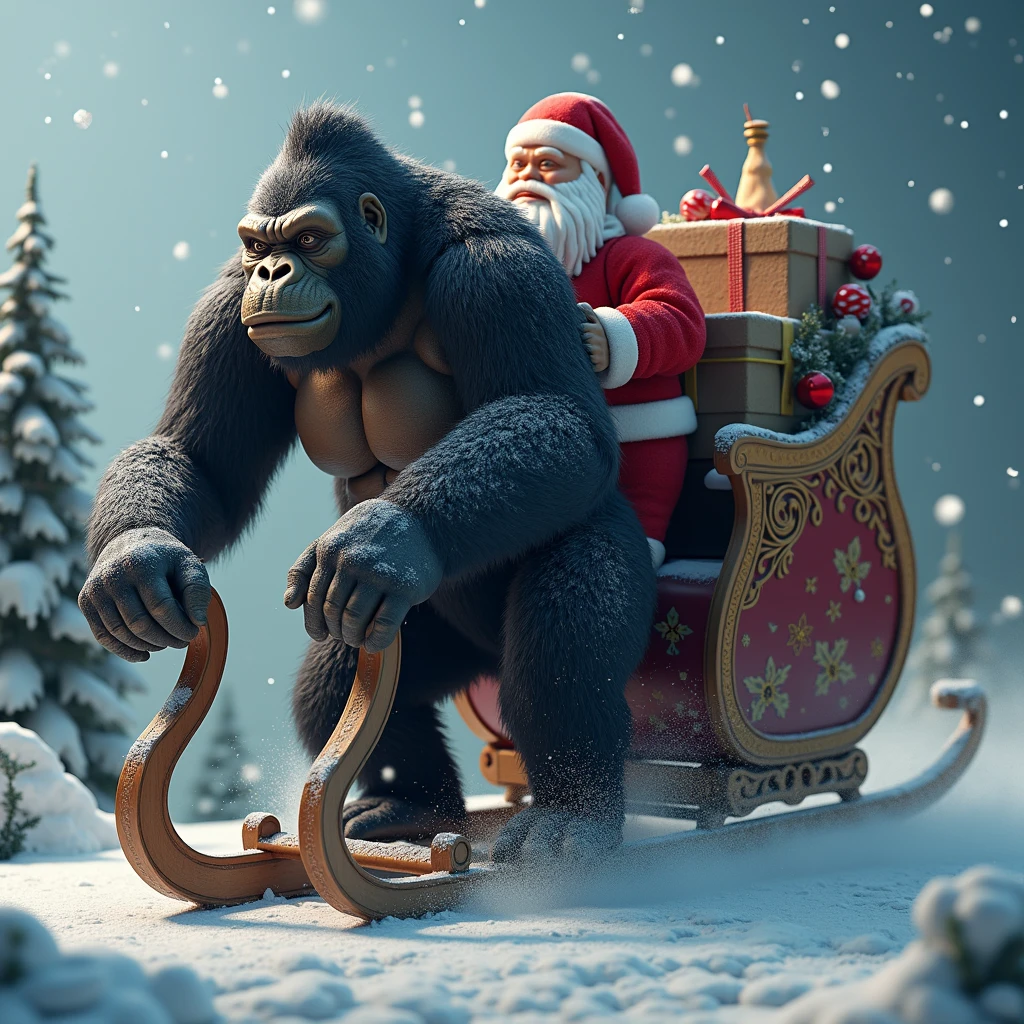 ral-santasleigh, a photorealistic gorilla is pulling Santas sleigh, the gorilla is adorned with a festive colorful harness <lora:ral-santasleigh-sdxl:1>, cinematic, best quality, uhd, 8k