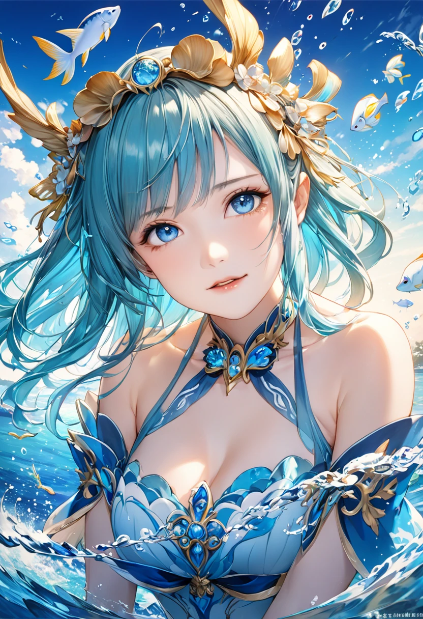 Arabian woman in blue bikini sitting on the waves, A close-up fantasy using the magic of water, Asian female water spirit, Beautiful and attractive anime woman, Highly detailed art gems, Water Fairy, Japanese Goddess, Water Everware Fantasy, Lostrun 8k, Ultra detailed water, soaked, Underwater Nymph, 8K high quality, detailed art